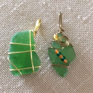 Hand Crafted 2 Pendants Green Gold Brass Toned